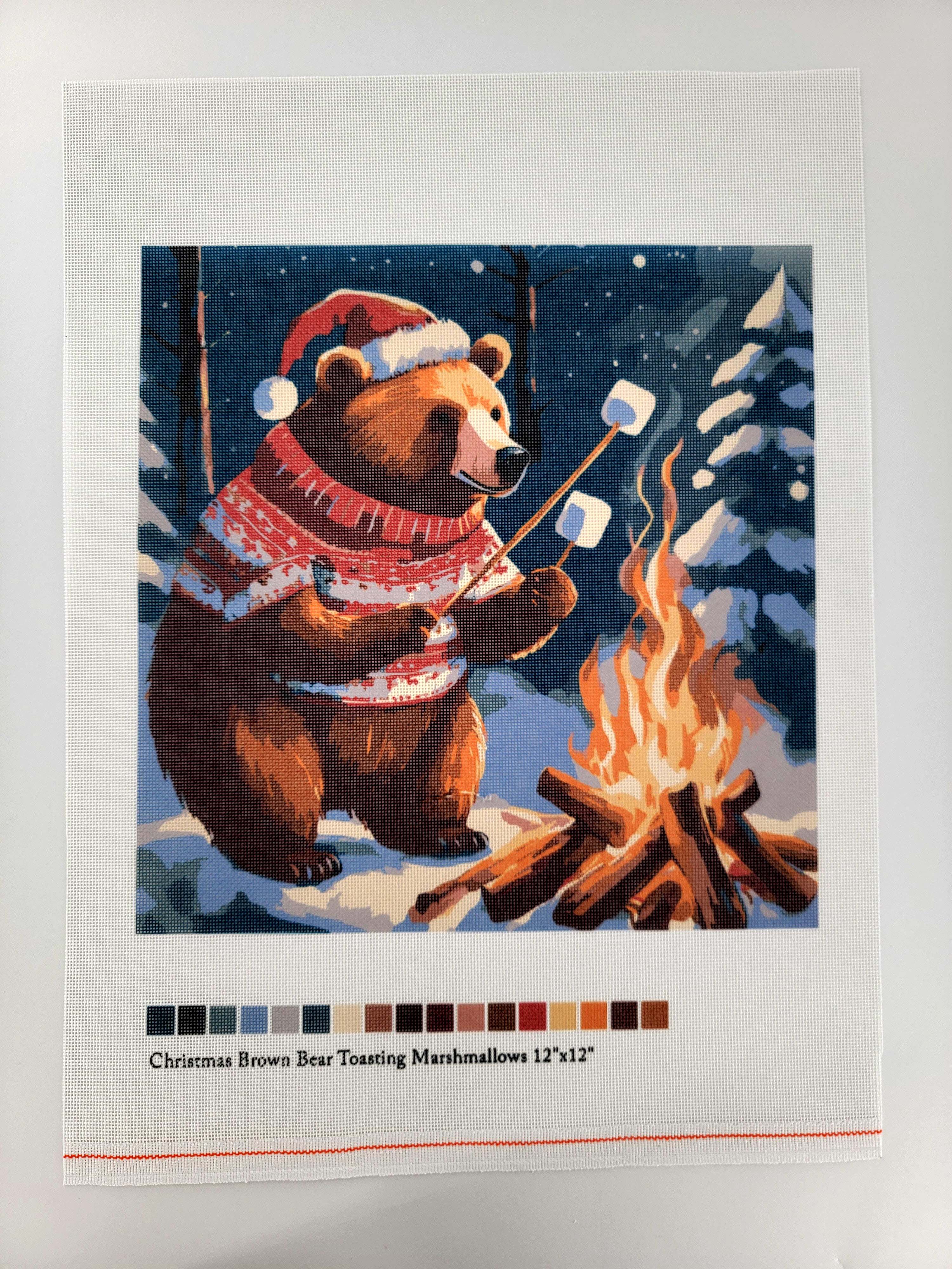 Christmas Brown Bear Toasting Marshmallows, Canvas