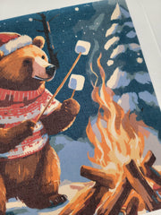 Christmas Brown Bear Toasting Marshmallows, Canvas