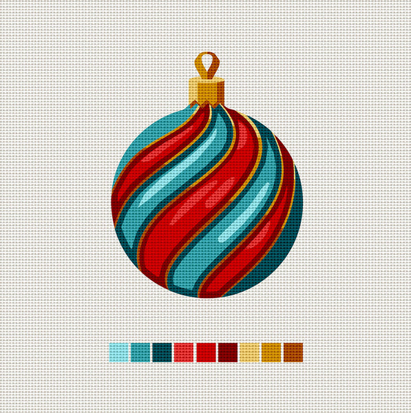 Aqua & Red Ball, Needlepoint Christmas Ornament
